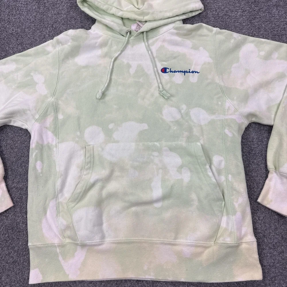 Champion Reverse Weave Hoodie Mens Small Green Bleach Dye Fleece Pullover